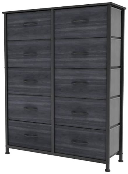 YITAHOME Kommode,Kommode mit 10 Schubladen,Schrank,Stoffschubladen mit Griffen,Kommodenschrank mit Stabiler Stahlrahmen,Dauerhaft,Schwarze Holzmaserung