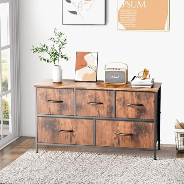 NEWBULIG Kommoden für 5 Kommoden, Schrank-Organizer und Aufbewahrung, TV-Ständer für Schlafzimmermöbel mit Regalen, leicht zu ziehende Stoffbehälter, 5 Schubladen, braun