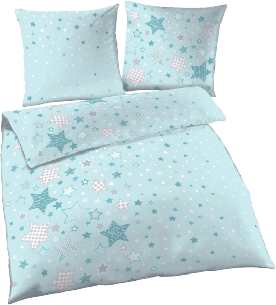 MTOnlinehandel Bettwäsche Sterne & Sternchen, 100 % Baumwolle, Biber, 2 teilig, Bettwäsche für Kinder und Erwachsene in mint & grau in zwei Größen