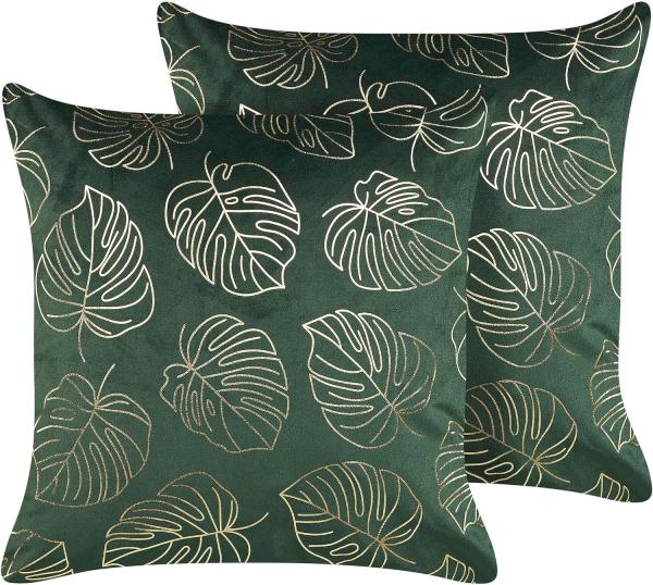 Kissen 2er Set MONSTERA Samtstoff 45 x 45 cm Pflanzenmuster Dunkelgrün