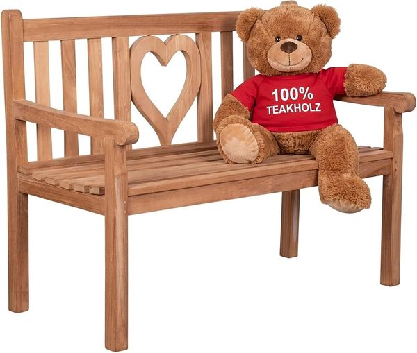 MR. DEKO Gartenbank Teak Herz 120 cm – massiv & romantisch für zwei Verliebte (2-Sitzer Bank, zerlegt geliefert, ideal für Terrasse, 1-St), Massive Sitzbank Garten und Balkon, 250 kg belastbar