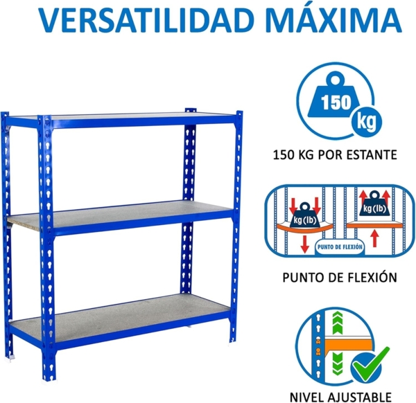 Simonrack Schwerlastregal, Lagerregal, 100 x 100 x 30 cm, Metallregal, Kellerregal, Biegestelle 150 kg, 3 Holzfachböden, Blau/Holz - Maderclick Bild 5