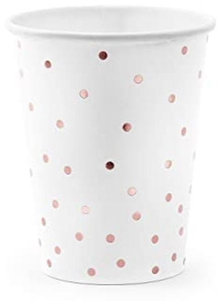 partydeco Einwegbecher, Papier, Pappbecher Punkte 260ml weiß roségold 6er Set