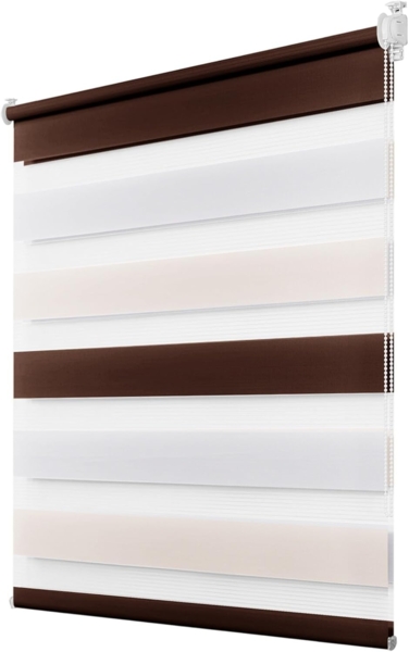 Deswell Doppelrollo Klemmfix ohne Bohren Weiß-beige-braun B105 x H150 cm (Stoffbreite 101cm) Rollos für Fenster ohne Bohren für Fenster mit Lichtdurchlässig & Verdunkelnd/Höhe Stufenlos Verstellbar
