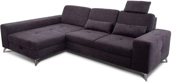 CAVADORE Ecksofa Bali / Trendige Sofaecke mit Longchair links, Kopfstütze & Nierenkissen / Inkl. Sitztiefenverstellung, Bett & Bettkasten / 286 x 92 x 176 / Flachgewebe: Dunkelgrau