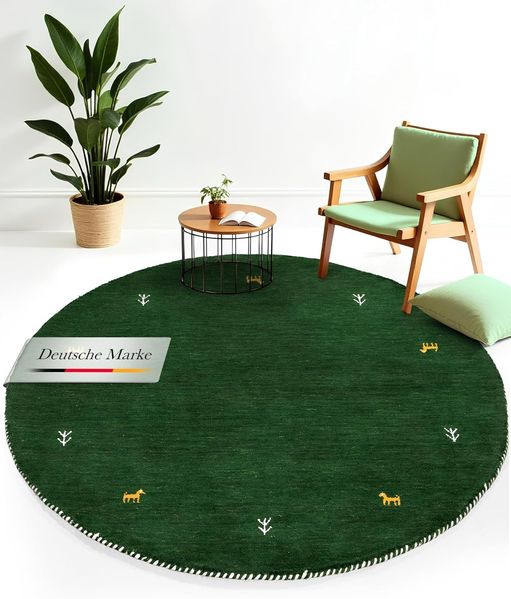 carpetfine 'Gabbeh Uni' Wollteppich, reine Wolle, Grün, Ø 80 cm