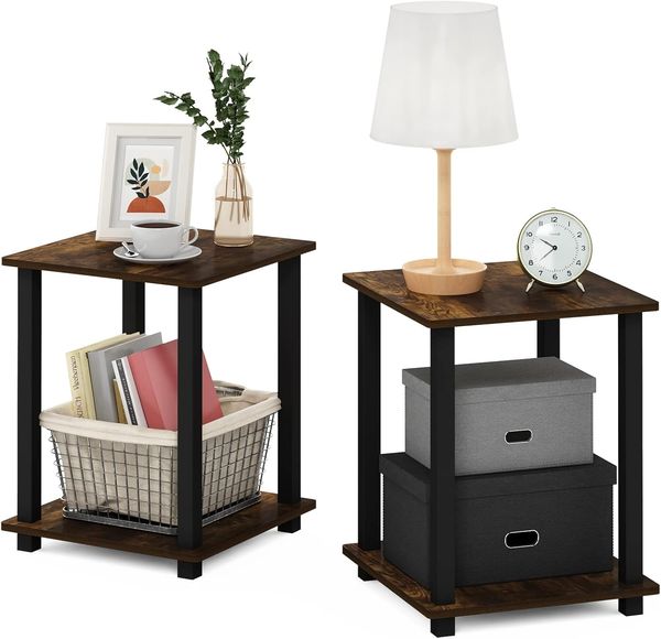 Furinno Simplistic Sofatisch, Couchtisch, Beistelltisch, mit 2 Ebenen, 2-er Set, Bernsteinkiefer/Schwarz