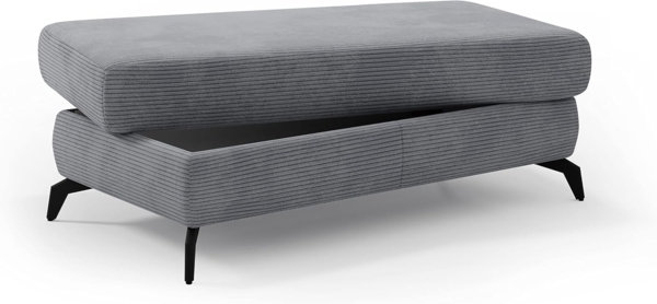 CAVADORE Stauraum-Hocker Bounce / Polsterhocker mit Staufach, Cord-Bezug und Metallfüßen in Mattschwarz / 121 x 45 x 67 / Breitcord, Grau