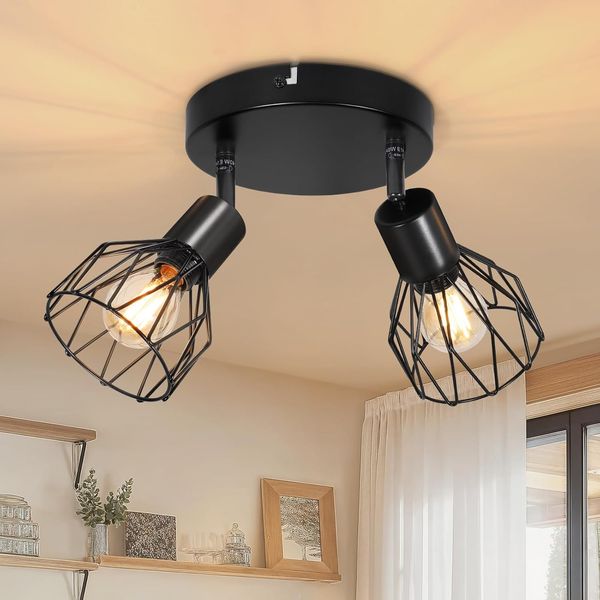 Dehobo Deckenlampe Schwarz E14 Rund - Deckenstrahler 2 Flammig - Wandleuchte innen Schwenkbar 350° Deckenleuchte Matt Metall für Küche,Wohnzimmer,Schlafzimmer,Max. 40 Watt [Ohne Leuchtmittel]