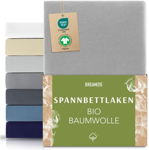Dreamzie Premium Spannbettlaken 140x200 cm bis 160x200 cm Grau, Spannbetttuch aus 100% Jersey Biobaumwolle, 150 g/m² - Oeko-TEX