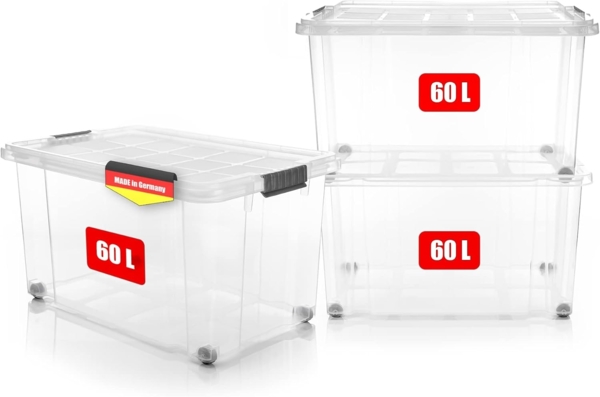 BigDean 3 Stück 60 L Aufbewahrungsbox mit Deckel groß transparent - stapelbare robuste Box - rollbare Stapelbox mit festen Klickverschlüssen - Made in Germany