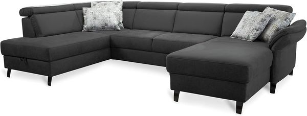Cavadore Wohnlandschaft Ammerland mit Federkern, U-Form mit Ottomane links und Longchair rechts, inkl. Kopfteilverstellung, 317 x 84 x 193, lederoptik dunkelgrau