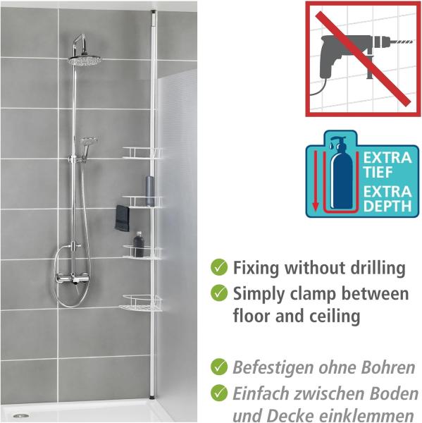 WENKO Teleskop-Eckregal Dolcedo Weiß matt, klemmbares Eckregal für die Dusche mit 4 Körben, Montage ohne Bohren, aus Edelstahl Bild 3