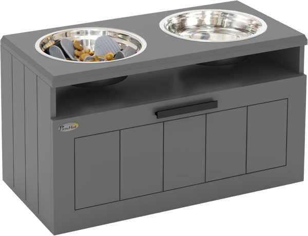 PawHut Futternapf Erhöhte Futterstation mit 2 Edelstahlschüsseln, Anti-Schling-Matte, Edelstahl, für große und extra große Hunde, Grau