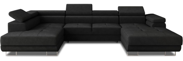 Wohnlandschaft Caris U mit Schlaffunktion, einstellbare Kopfstützen und zwei Bettkästen (Schwarz (Kronos 07), Ecksofa Rechts)