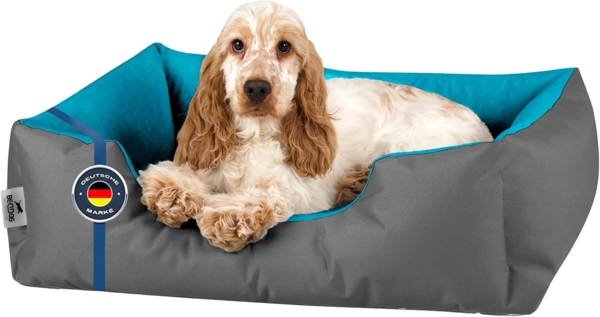 BedDog Hundebett LUPI, Hundesofa aus Cordura, Microfaser-Velours, waschbares Hundebett mit Rand, Hundekissen vier-eckig (S) ca. 55x40x17cm, BLUE-ROCK (grau/blau)