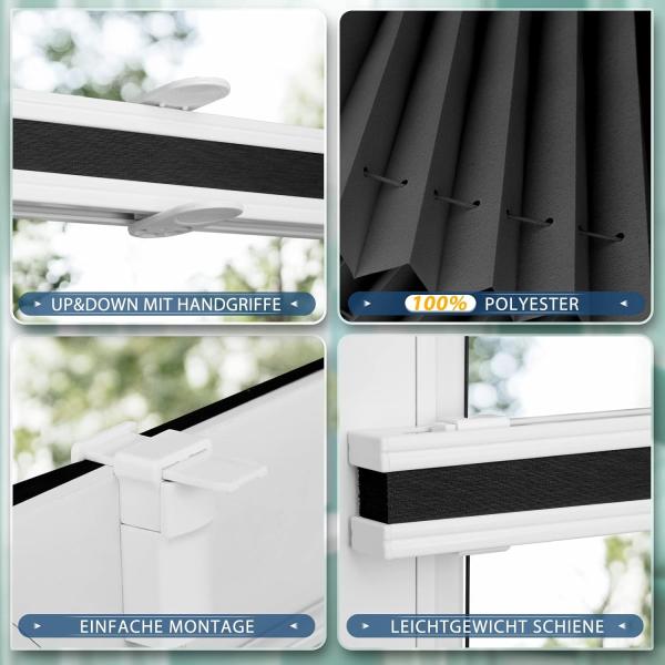Sanfree Plissee Klemmfix Plisseerollo ohne Bohren Schwarz B50 x H130cm inkl. Klemmträger Blickdicht und lichtdurchlässig Jalousie Faltrollo Sichtschutz und Sonnenschutz Rollo für Fenster & Tür Bild 3