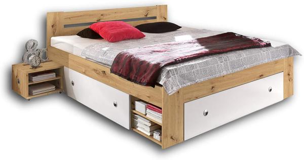 Stella Trading Stefan Moderne Doppelbett Bettanlage 180 x 200 cm mit 2x Nachtkommoden - Schlafzimmer Komplett-Set in Artisan Eiche Optik, Weiß - 185 x 86 x 204 cm (B/H/T)