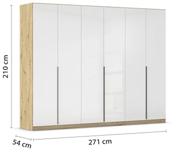 Rauch Möbel Alabama, Kleiderschrank, Garderobe, 6-türig, Zubehör Premium, 3 Kleiderstangen, 6 Einlegeböden, Schubladeneinsatz, Farbe Hochglanz Weiß/Eiche Artisan, Griff Grau metallic, 271 x 210 x 54 cm Bild 3
