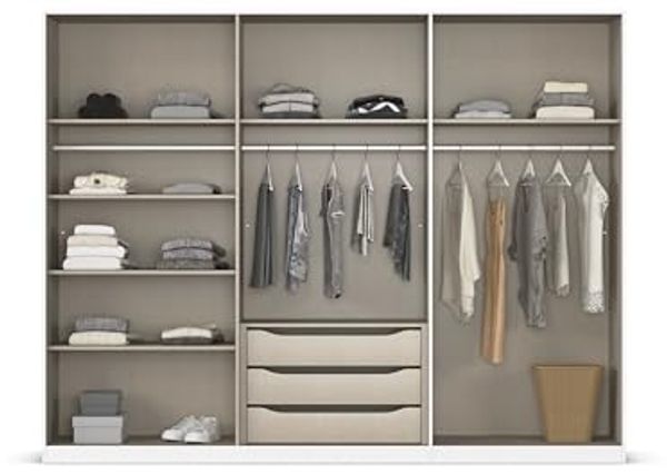 Rauch Möbel Alabama, Kleiderschrank, Garderobe, 6-türig, Zubehör Premium, 3 Kleiderstangen, 6 Einlegeböden, Schubladeneinsatz, Farbe Hochglanz Weiß/Eiche Artisan, Griff Grau metallic, 271 x 210 x 54 cm Bild 6
