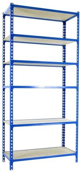 Simonrack Schwerlastregal, Lagerregal, 250 x 80 x 40 cm, Metallregal, Kellerregal, Biegestelle 150 kg, 6 Holzfachböden, Blau/Holz - Maderclick
