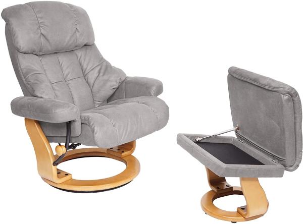 MCA Relaxsessel Calgary XXL, TV-Sessel Hocker, 180kg belastbar Stoff/Textil ~ hellgrau, Gestell naturbraun