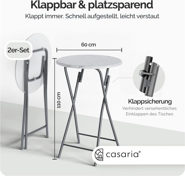 Casaria® Stehtisch 2er Set Klappbar Höhe 110cm Ø 60cm Marmor Optik Beistelltisch Klapptisch Bartisch Cocktail Esstisch Rund Hochtisch Gartentisch weiß Bild 3