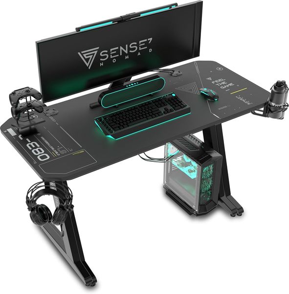 SENSE7 Schreibtisch Nomad Cybernetic, Gaming Tisch 100x50, PC Tisch mit Kopfhörerhaken, Getränkehalter, Controller Halter, Gaming Computertisch mit Kohlefaseroberfläche, Ergonomischer Gaming Desk