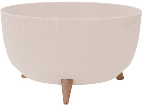 Pflanzgefäß OSLO STRIPE creme 47x26,5 cm | Blumentopf mit Holzfüßen & Einsatz | Skandinavisches Design aus Kunststoff & Holzfasern