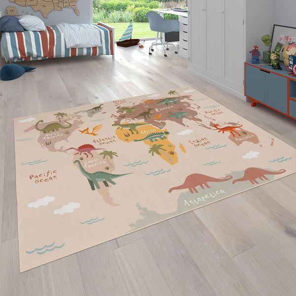 Paco Home Kinderteppich Bino 583, rund, Höhe: 4 mm, Spielteppich, Motiv Weltkarte & Dinosaurier, Kinderzimmer