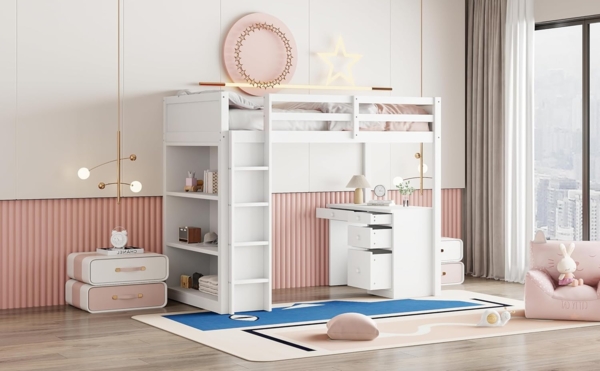 Ball & Cast Hochbett (90x200 cm) mit Aufbewahrungsschränken und Computertisch, Loft Bed mit Rausfallschutz, Einfach & Zeitsparend Montierbar, Weiß Bild 7