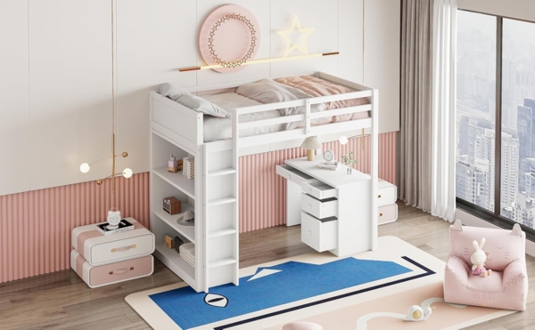 Ball & Cast Hochbett (90x200 cm) mit Aufbewahrungsschränken und Computertisch, Loft Bed mit Rausfallschutz, Einfach & Zeitsparend Montierbar, Weiß Bild 3
