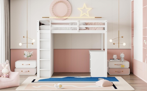 Ball & Cast Hochbett (90x200 cm) mit Aufbewahrungsschränken und Computertisch, Loft Bed mit Rausfallschutz, Einfach & Zeitsparend Montierbar, Weiß Bild 5