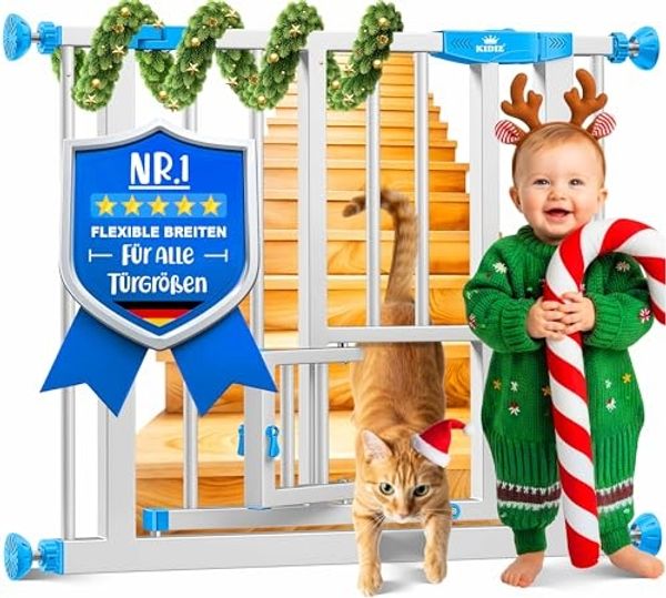 KIDIZ® Absperrgitter zum Klemmen mit Katzenklappe, Türschutzgitter, Autoclose Kinder Treppengitter ohne Bohren | 90° Stopp Schutz, schwenkbar, Treppenschutzgitter Blau, 88 - 94 cm