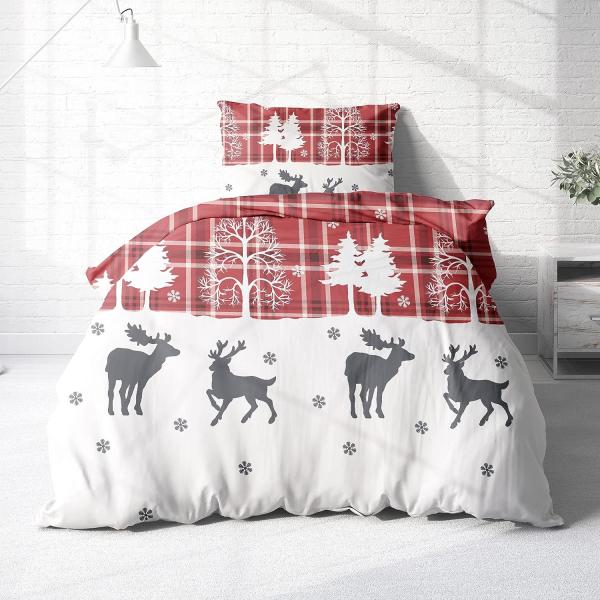 Träumschön Bettwäsche Biber 135x200 cm oder 155x220 cm Winter - Rentier rot oder silber, Biber, mit Reißverschluss, 100% Baumwolle, kuschelig warm im Winter