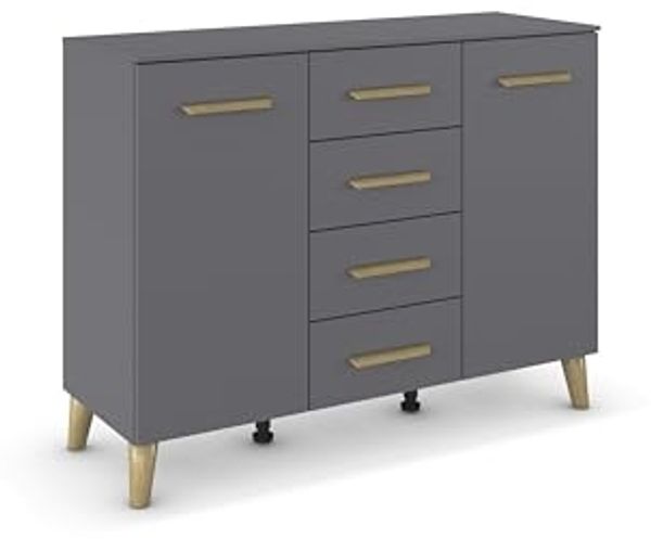 rauch Aditio Box, Kommode, 2-türig, 4 Schubladen, Massivholz-Fuß, mit Softclose-Funktion, Farbe Grau metallic, BxHxT 120x92x44cm