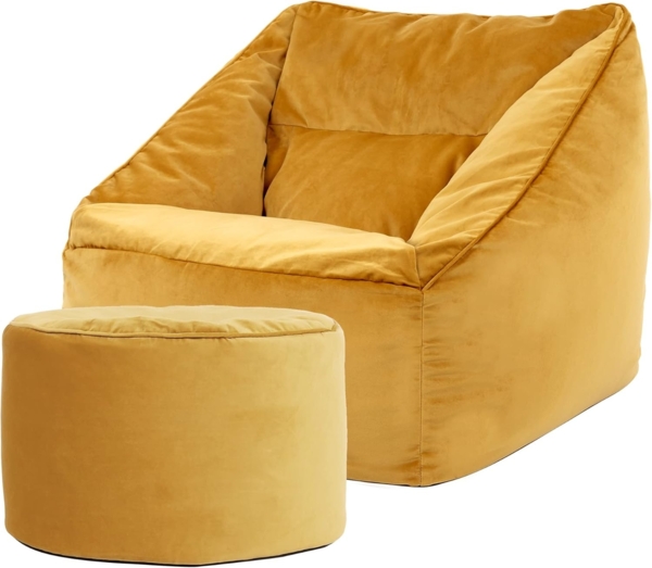 Icon Riesen Sitzsack Sessel „Natalia“ mit Sitzpuff, Gelb, Plüsch XXL Sitzsack Erwachsene mit Füllung für das Wohnzimmer, Riesensitzsack Sofa XXL