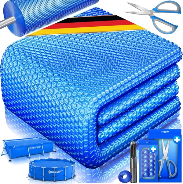 KESSER® Pool Solarfolie 400 µm | Solarplane Poolabdeckung | Solarabdeckplane flexibel zuschneidbar | Poolplane für Wassererwärmung | Solarabdeckung mit Schere, Lochzange & 12 Ösen Blau, Ø 549 cm
