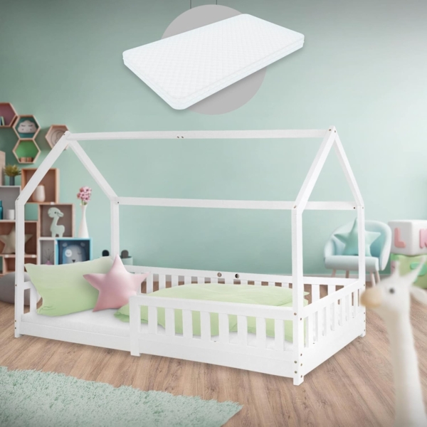 ML-DESIGN Kinderbett Hausbett mit Rausfallschutz, Dach und Lattenrost Massivholz, Bett 200x90 cm Weiß mit Matratze 16cm für Mädchen Jungen Holzbett