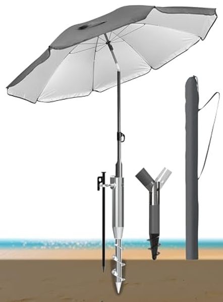 4smile Sonnenschirm Strand 200 cm 3-IN-1 Set – Strandschirm Windfest Stabil, Sonnenschutz Strand mit Schutzhülle, Sonnenschirm mit Bodendübel, Eindrehbodenhülse, UPF50+, Fb. Anthrazit