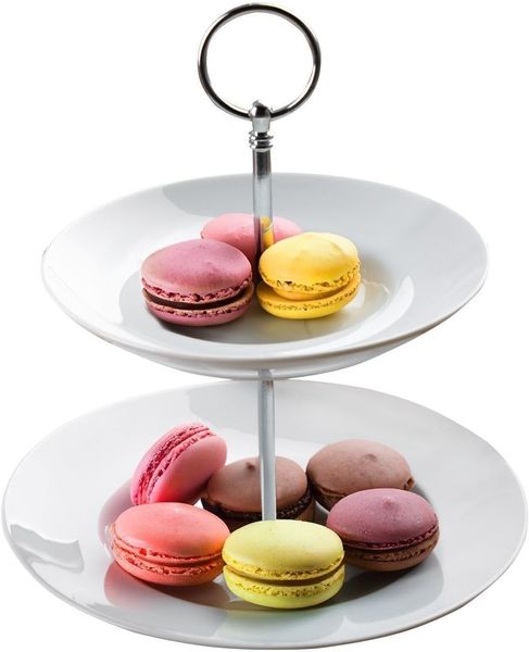 Home4You Etagere, Ø 21 x H 23 cm, Weiß, 2-stöckig, Metallgriff, Porzellan, für Desserts, Obst, Kuchen, Süßigkeiten