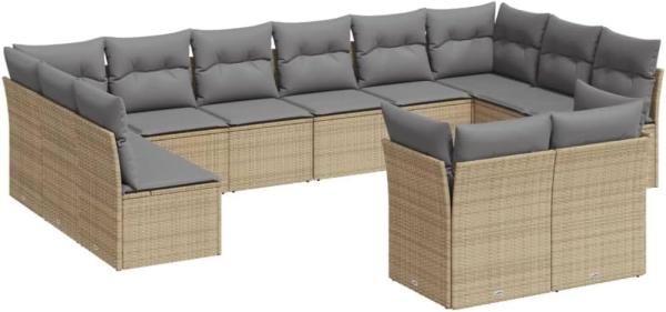 vidaXL 12-tlg. Garten-Sofagarnitur mit Kissen Beige Poly Rattan 3250268