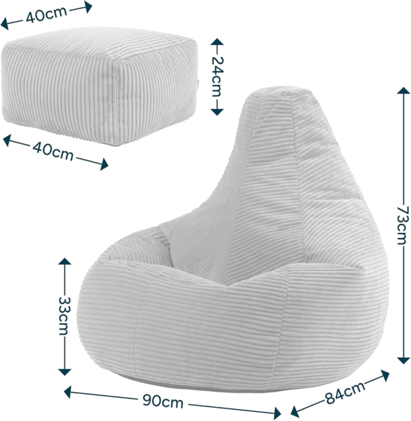 Icon Dalton Sitzsack mit Hocker Cord, Denimblau, Gaming Sitzsack Erwachsene mit Füllung, Bean Bag, Cord Sessel, Lounge Sessel, Lounge Stuhl, Schlafzimmer, Wohnzimmer, Wohnzimmer Möbel Bild 3