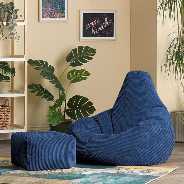 Icon Dalton Sitzsack mit Hocker Cord, Denimblau, Gaming Sitzsack Erwachsene mit Füllung, Bean Bag, Cord Sessel, Lounge Sessel, Lounge Stuhl, Schlafzimmer, Wohnzimmer, Wohnzimmer Möbel Bild 2
