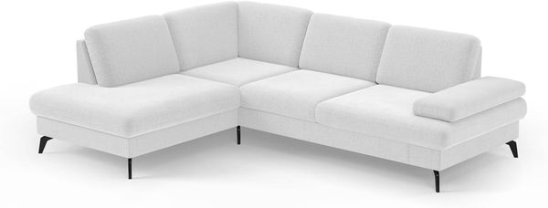 Cavadore Eckcouch Moritz / Ecksofa im trendigen Design mit Sitztiefenverstellung und mattschwarzen Metallfüßen / 212 x 82 x 268 / Flachgewebe, Weiß