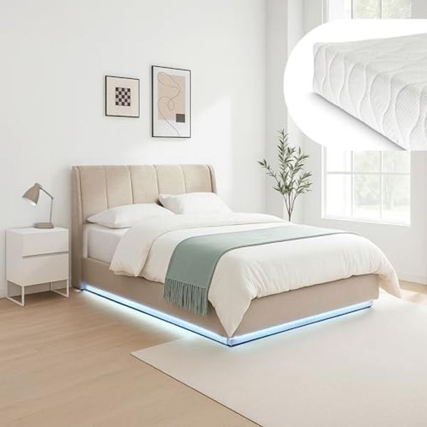 LED Polsterbett Tröstiar mit Matratze 160x200 cm Beige [en. casa]