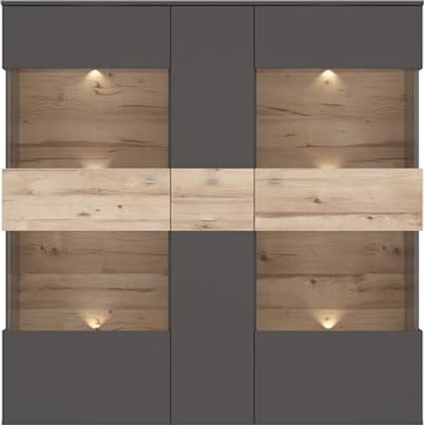 Highboard Vitrine COMO 3-trg. Optik: Grau / Planked Eiche von Forte