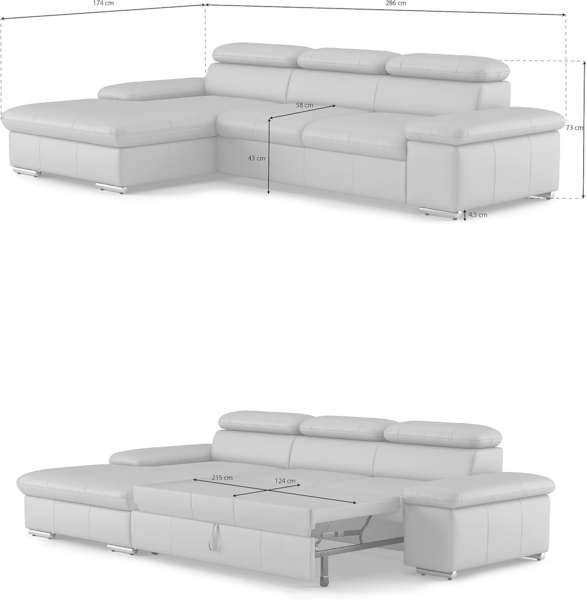 CAVADORE Echtleder-Schlafcouch Valerie mit XL-Longchair / Ecksofa mit Bettfunktion, Kopfteilverstellung + großem Longchair / 286 x 73 x 174 / Leder Schwarz Bild 6