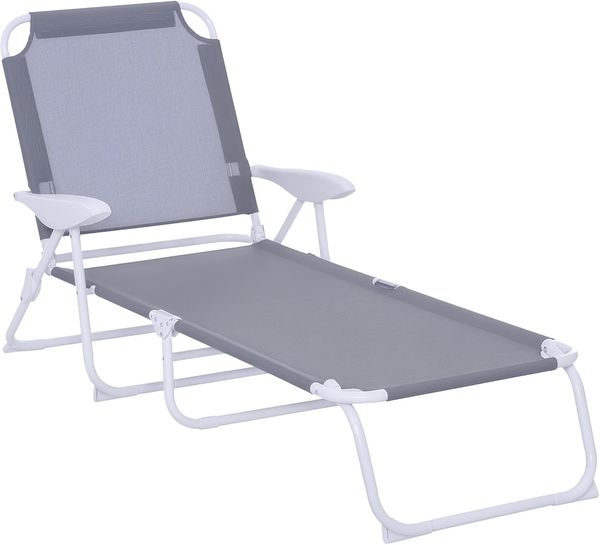 Outsunny Liegestuhl Sonnenliege Klappbare Strandliege 4-stufige Gartenliege Netzstoff Grau 186 x 66 x 80 cm