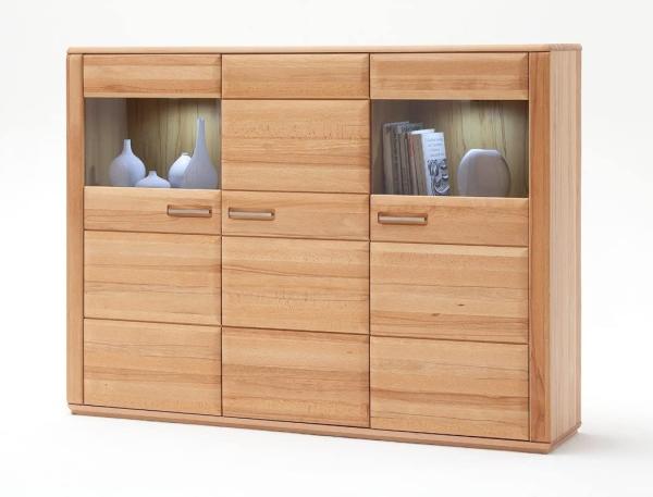 Highboard Senta 2 Kernbuche teilmassiv 179x131x38cm Schrank Vitrine mit Beleuchtung